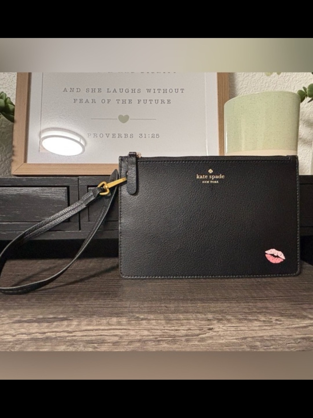 kate spade Disney Callab New York Black Wristlet with Pink Kiss Accent